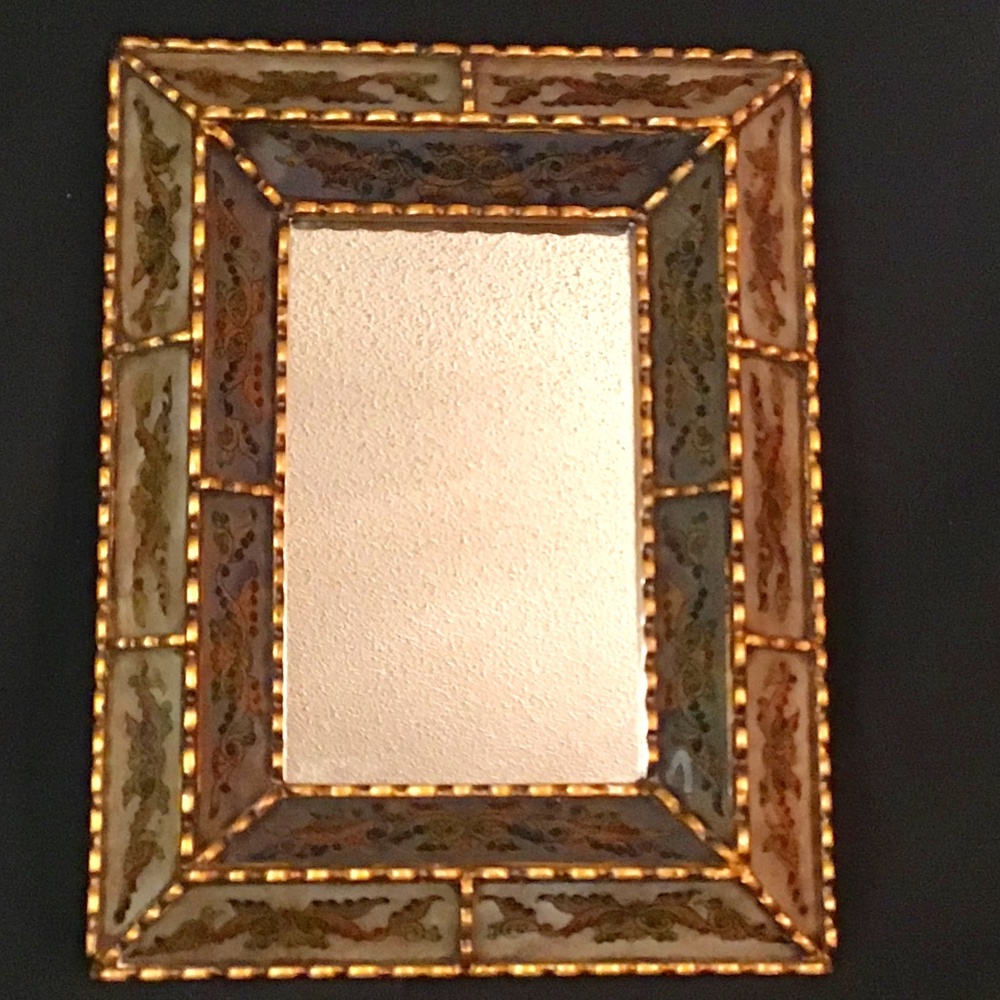 Vintage Beautiful Accent Mirror, Reverse Painted Gold Detail 12" x15"